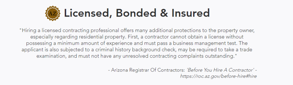 Certificate reading "Licensed, Bonded & Insured" with text explaining the benefits of hiring a licensed contractor and the licensing requirements.